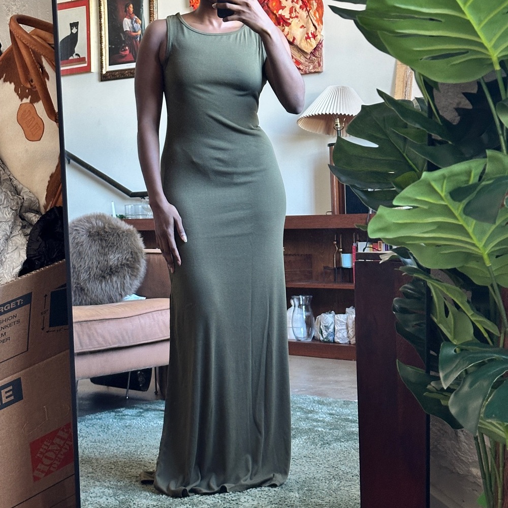Olive Green Low Back Maxi Dress Sleeveless Bodycon Stretch Minimalist vacation M